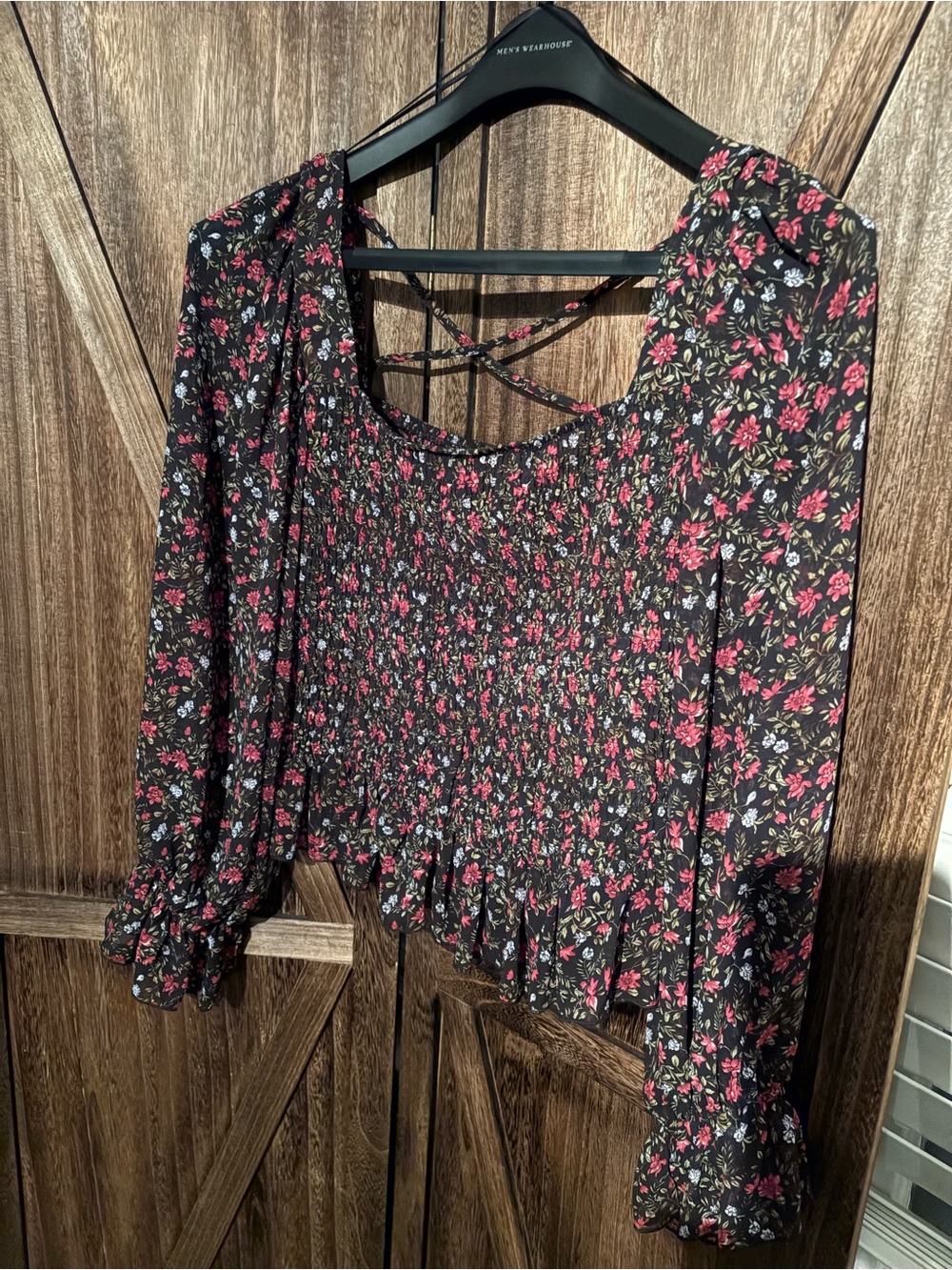 code x mode Floral Smocked Long-Sleeve Blouse - Black with Pink Floral; Large